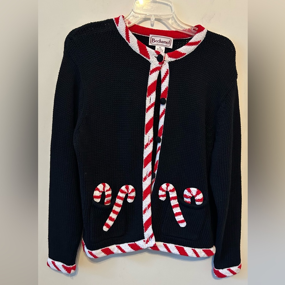 Vintage Bechamel Christmas‎ Sweater Embroidered Candy Canes Petite Medium